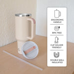 Obiatar H2.0 Tumbler with Handle, Straw & Lid 40 oz Vacuum Double Wall Insulated Stainless Steel Cup| Cup Holder Friendly (Rose Quartz)