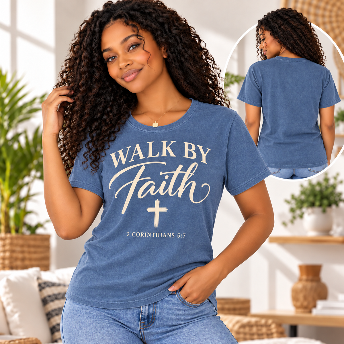 Walk by Faith denim model shirt front and plain back