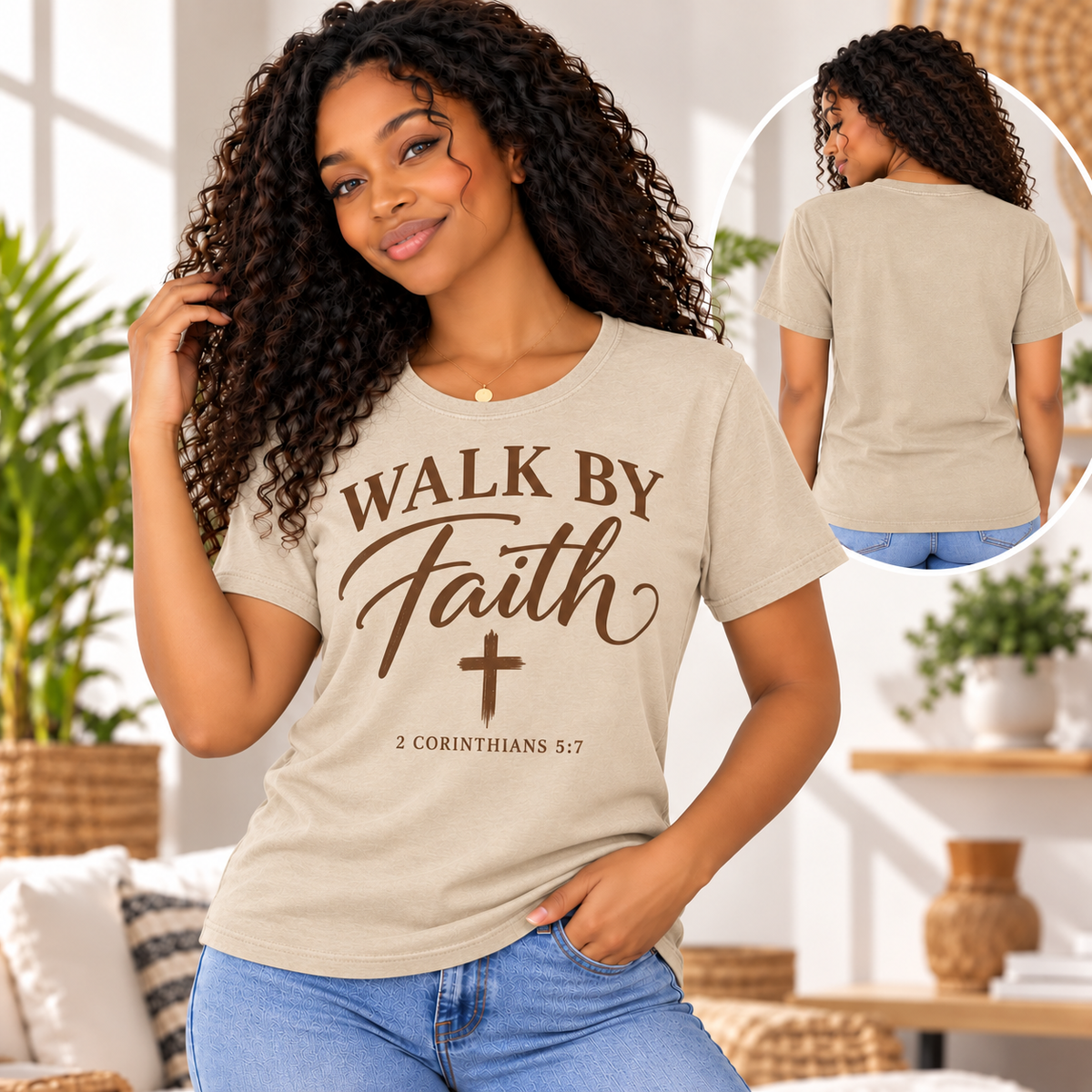 Walk by Faith sandstone model shirt front and plain back