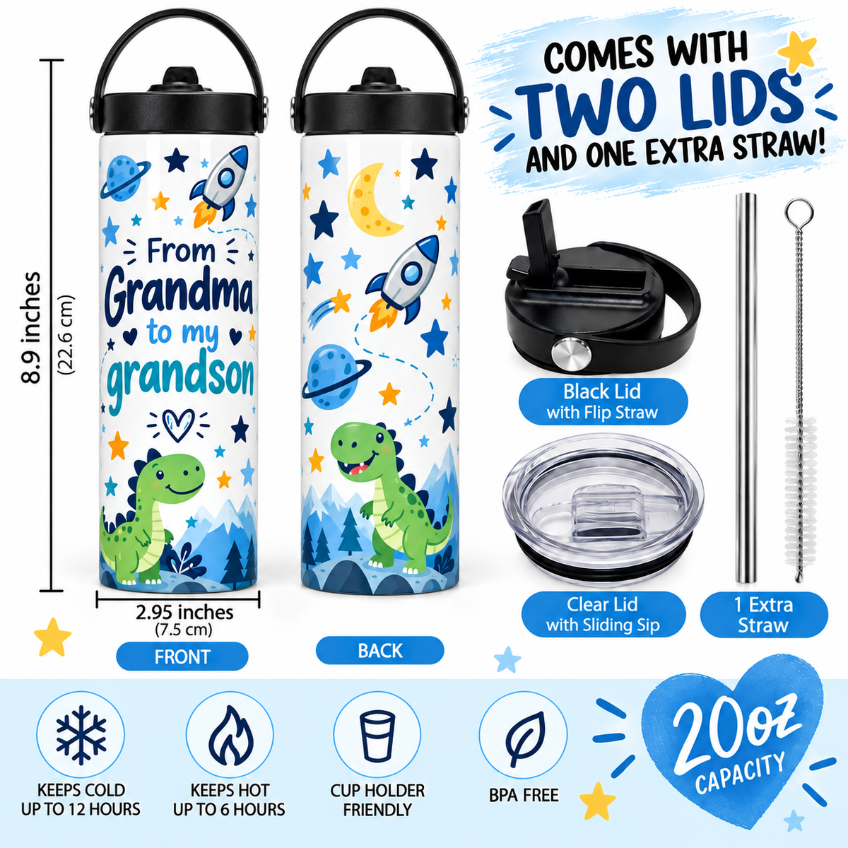 From Grandma to My Grandson" Outer Space & Dinosaur 20oz Insulated Tumbler | Gift for Grandson