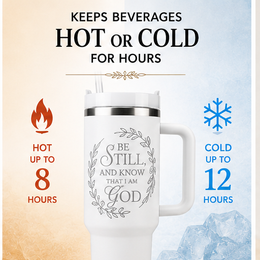 Be Still & Know Christian Tumbler – Psalm 46:10 Faith-Inspired Insulated Cup with Handle & Straw