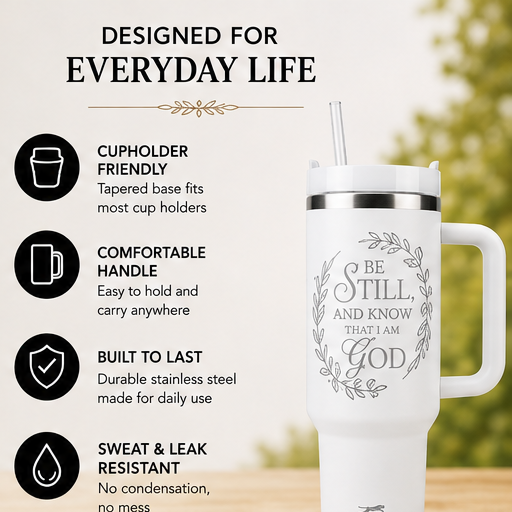 Be Still & Know Christian Tumbler – Psalm 46:10 Faith-Inspired Insulated Cup with Handle & Straw