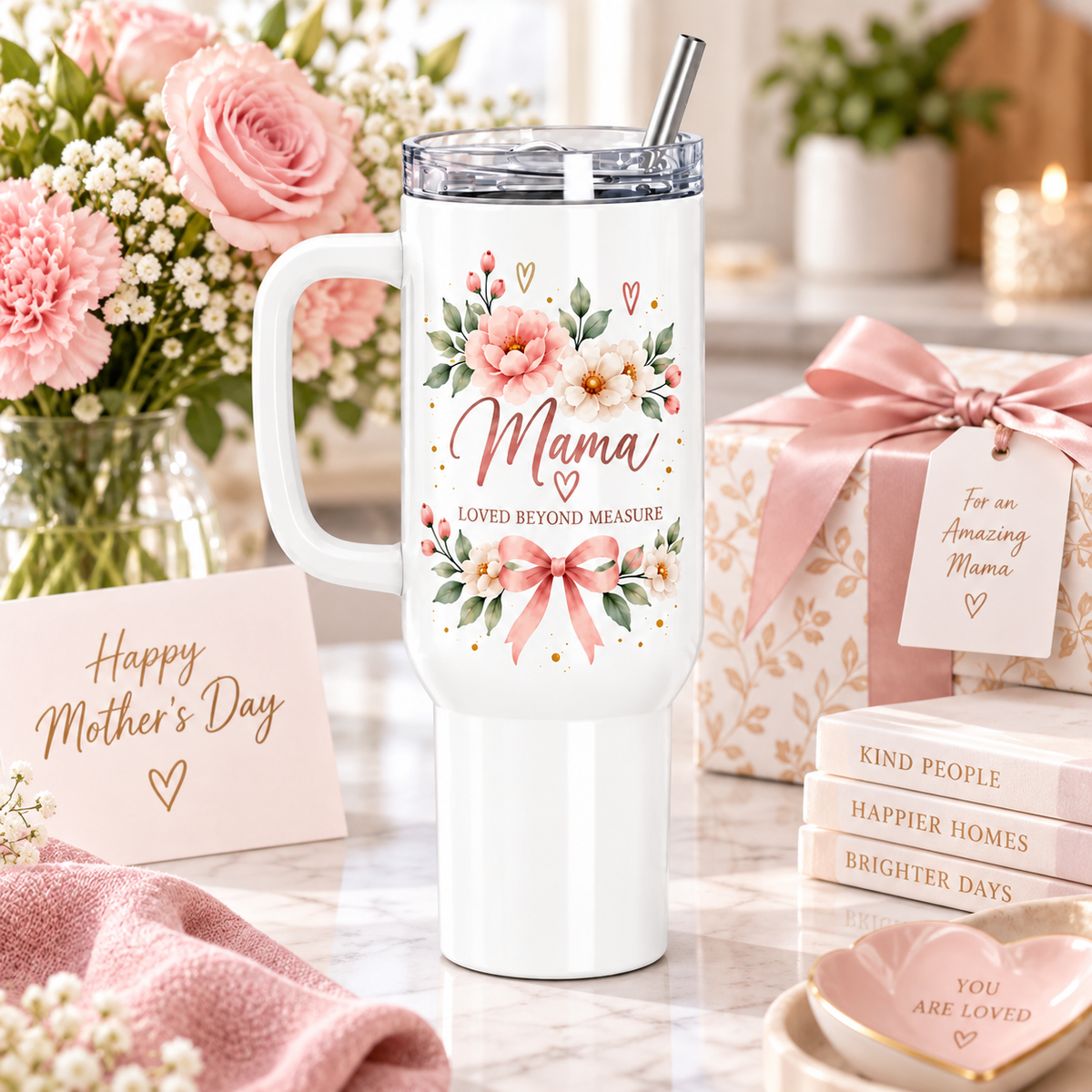 Mama Loved Beyond Measure 40oz Tumbler – Floral Mom Gift with Handle & Straw