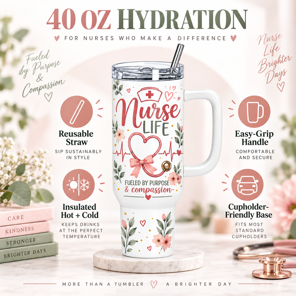Nurse Life 40oz Tumbler – Insulated Nurse Gift Cup with Handle & Straw