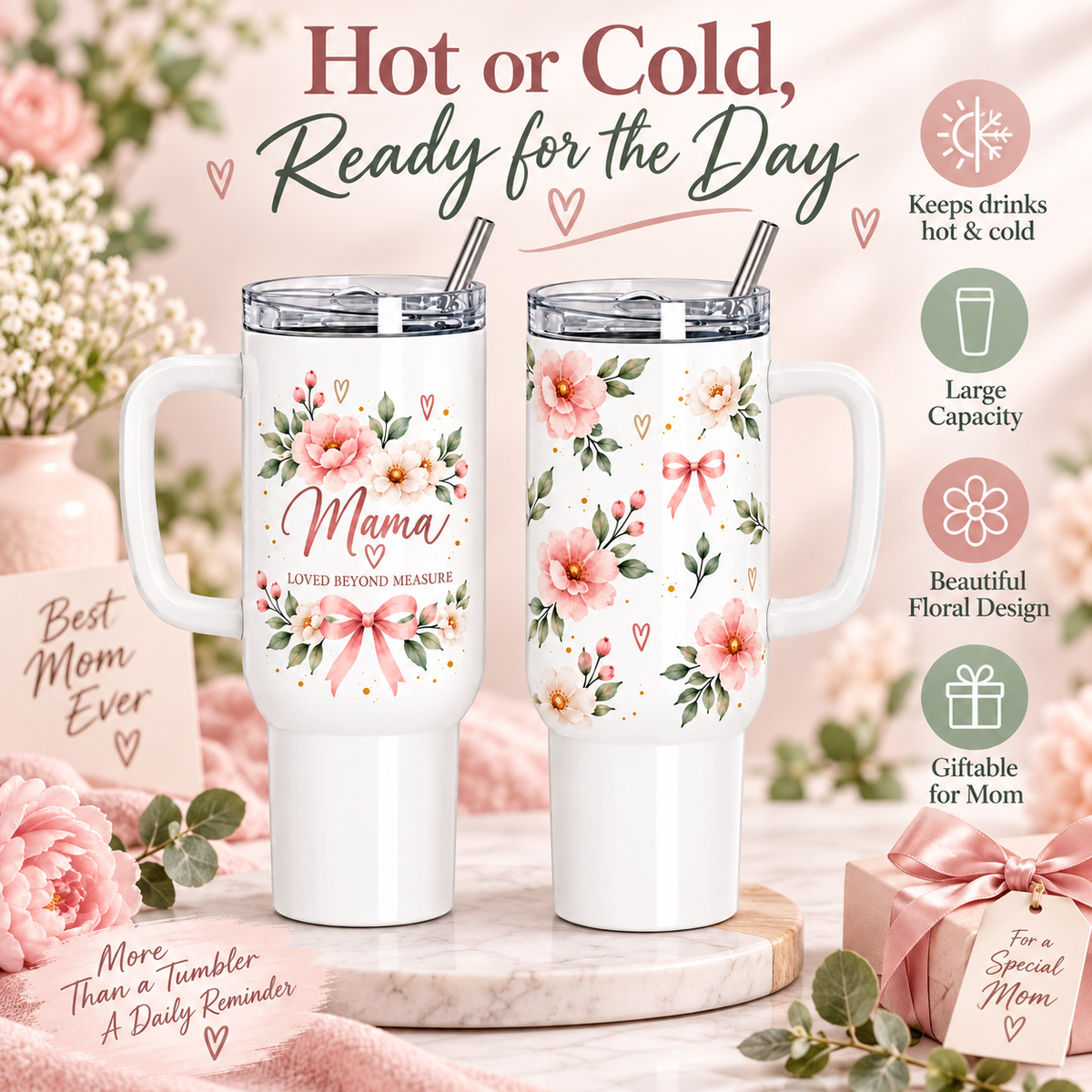 Mama Loved Beyond Measure 40oz Tumbler – Floral Mom Gift with Handle & Straw