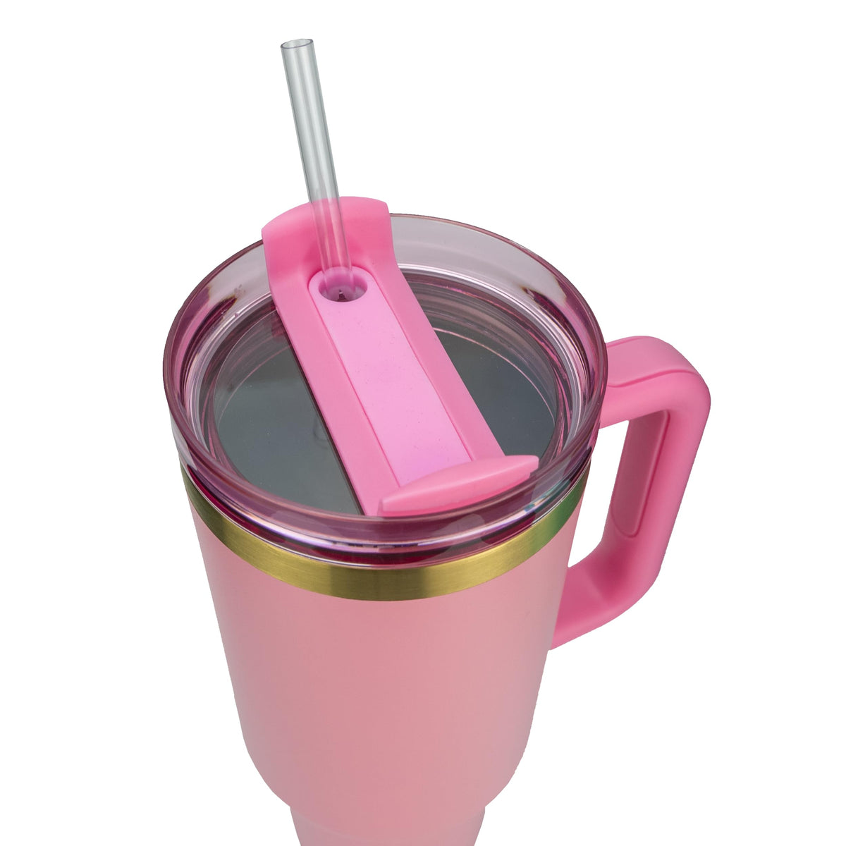 Obiatar 40oz Stainless Steel Travel Tumbler With Gold Accent| Double-Wall Vacumm Insulated Tumbler With Straw, Lid & Handle (Light Pink)