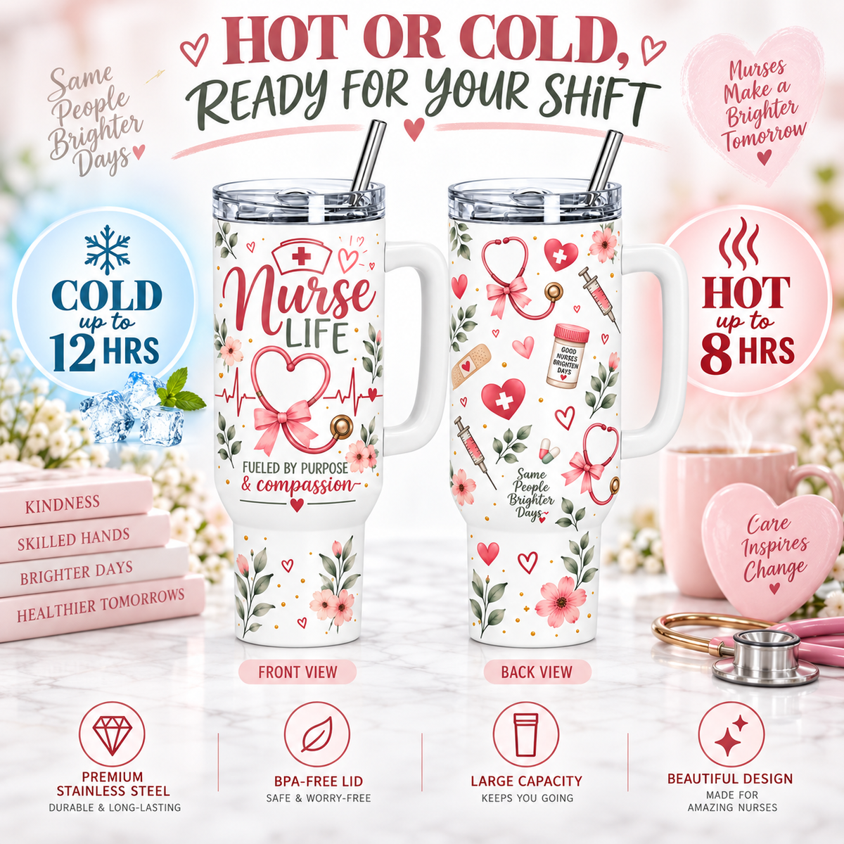 Nurse Life 40oz Tumbler – Insulated Nurse Gift Cup with Handle & Straw