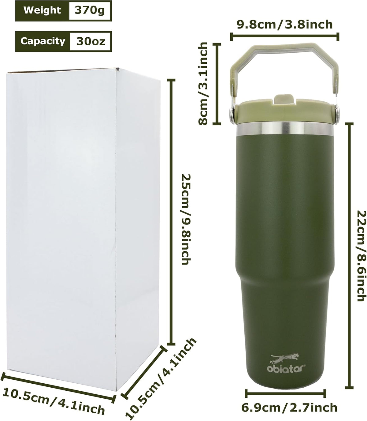 Obiatar 30 oz Tumbler with Handle | Insulated Tumbler with 100% Leak-Proof Lid and Straw | Stainless Steel Vacuum Water Bottle Travel Mug | Keeps Cold & Hot Drink (Olive)