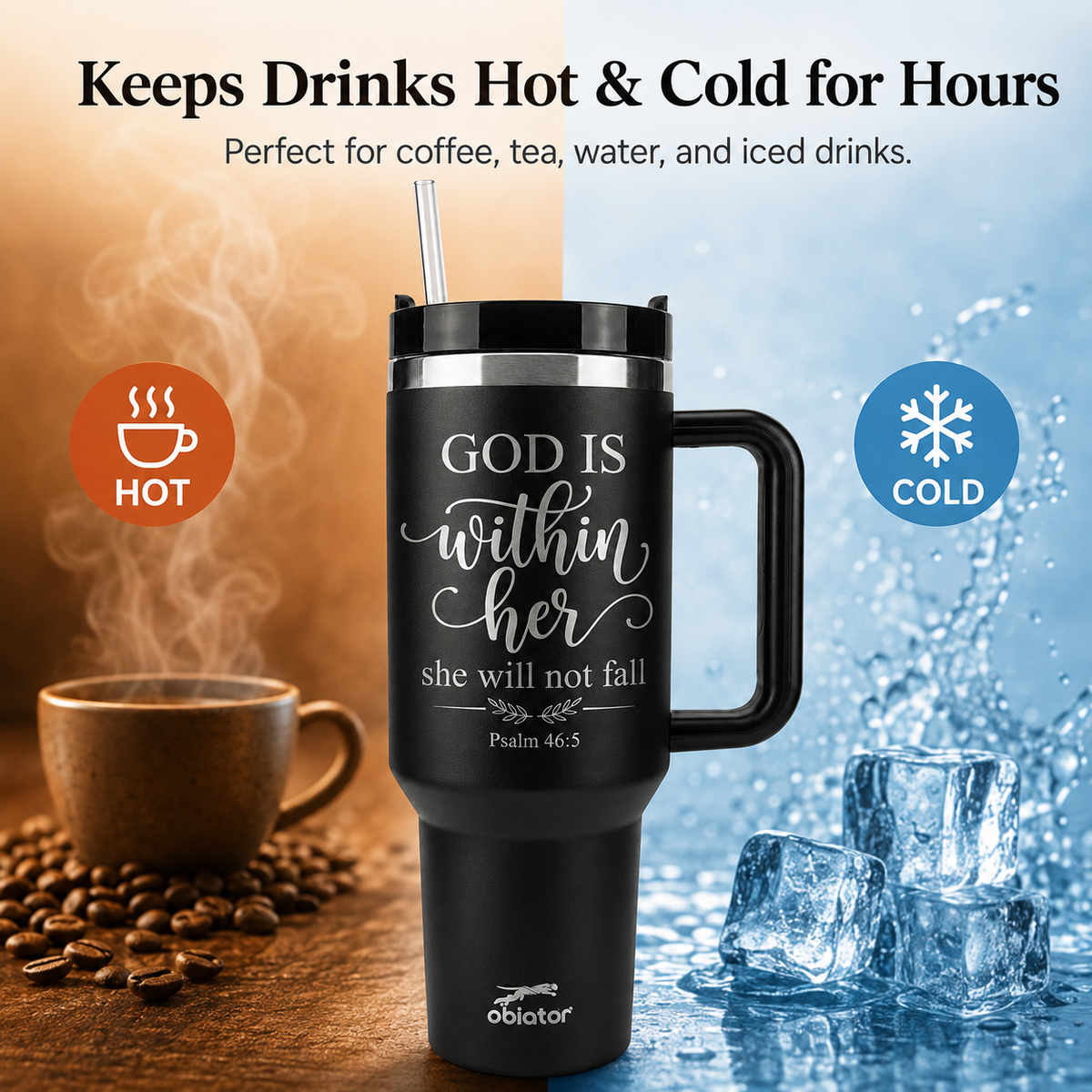 40 oz Christian Tumbler with Handle & Straw – Psalm 46:5 “God Is Within Her” Insulated Stainless Steel Travel Cup