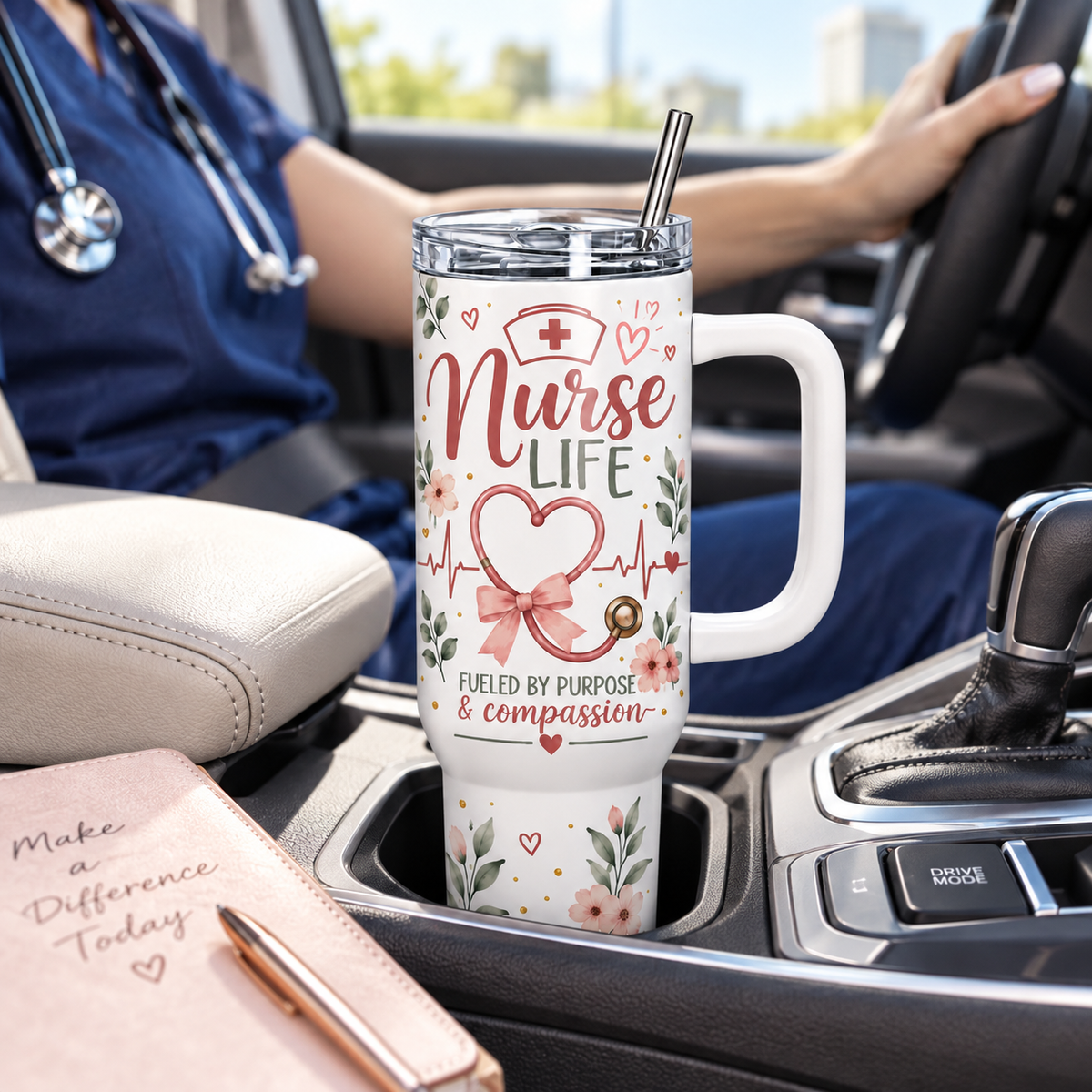 Nurse Life 40oz Tumbler – Insulated Nurse Gift Cup with Handle & Straw