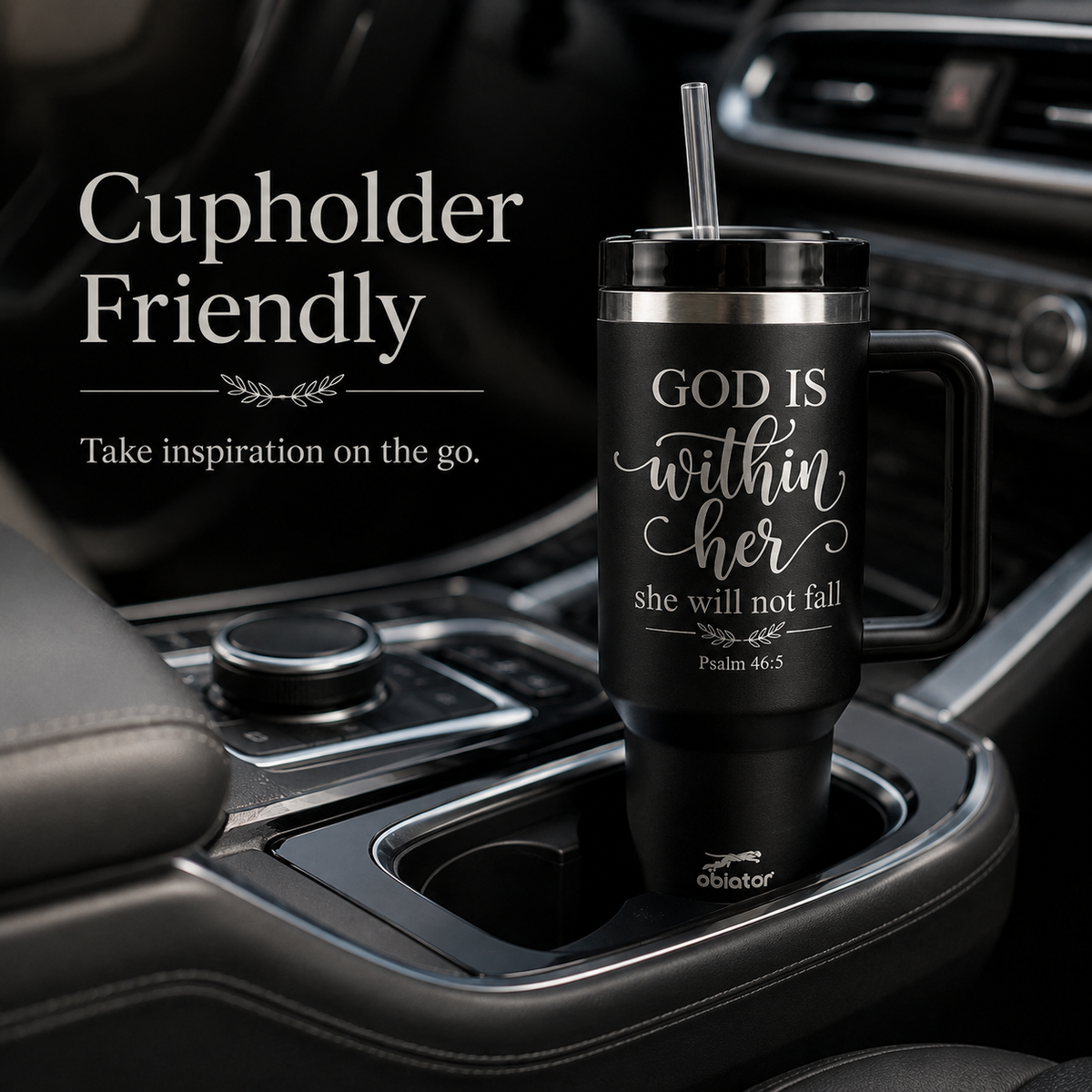40 oz Christian Tumbler with Handle & Straw – Psalm 46:5 “God Is Within Her” Insulated Stainless Steel Travel Cup