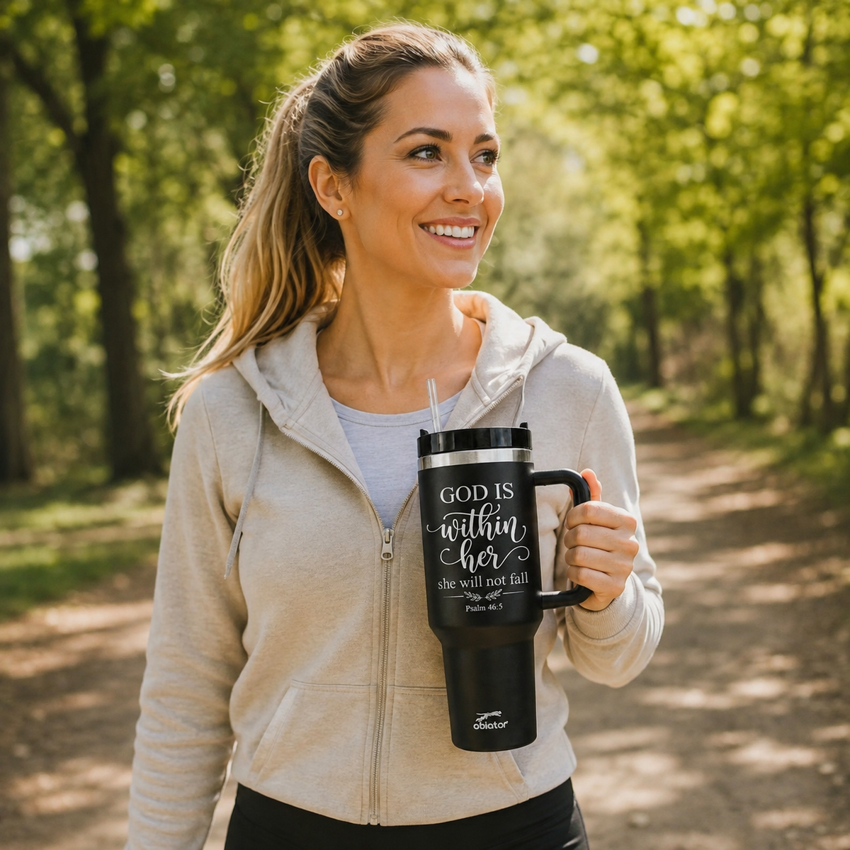 40 oz Christian Tumbler with Handle & Straw – Psalm 46:5 “God Is Within Her” Insulated Stainless Steel Travel Cup
