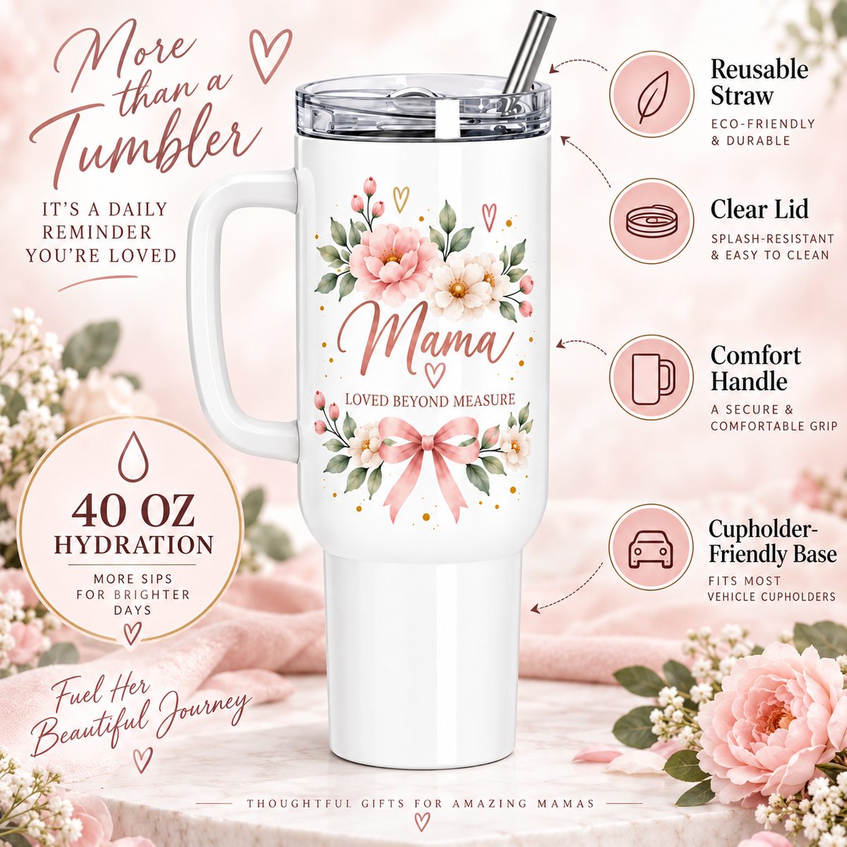 Mama Loved Beyond Measure 40oz Tumbler – Floral Mom Gift with Handle & Straw