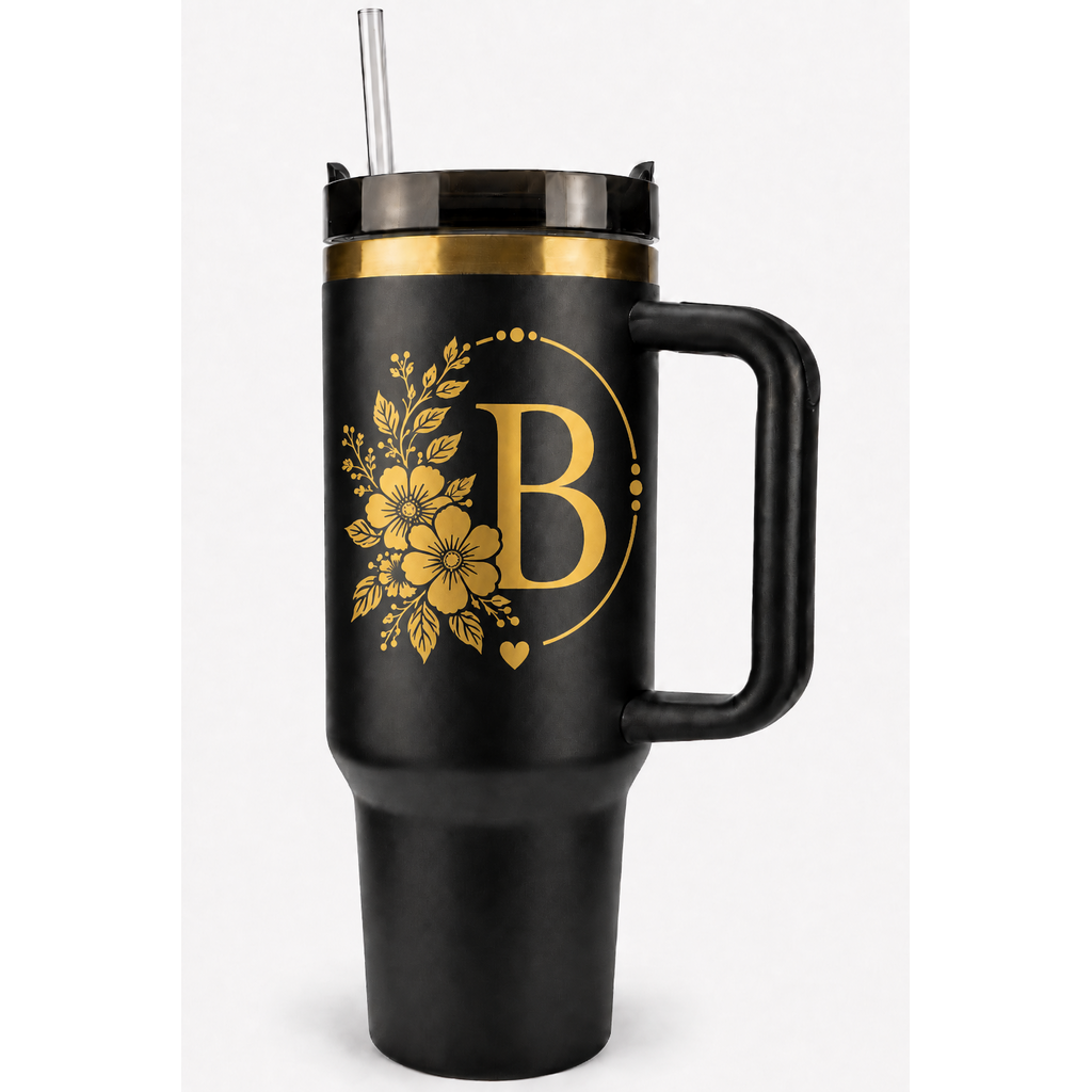 Engraved Personalized Black 40 oz Floral Botanical Monogram Tumbler, Gold Accent, Handle & Straw (Floral Botanical A-Z))
