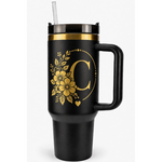 Engraved Personalized Black 40 oz Floral Botanical Monogram Tumbler, Gold Accent, Handle & Straw (Floral Botanical A-Z))