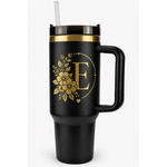 Engraved Personalized Black 40 oz Floral Botanical Monogram Tumbler, Gold Accent, Handle & Straw (Floral Botanical A-Z))