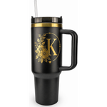 Engraved Personalized Black 40 oz Floral Botanical Monogram Tumbler, Gold Accent, Handle & Straw (Floral Botanical A-Z))