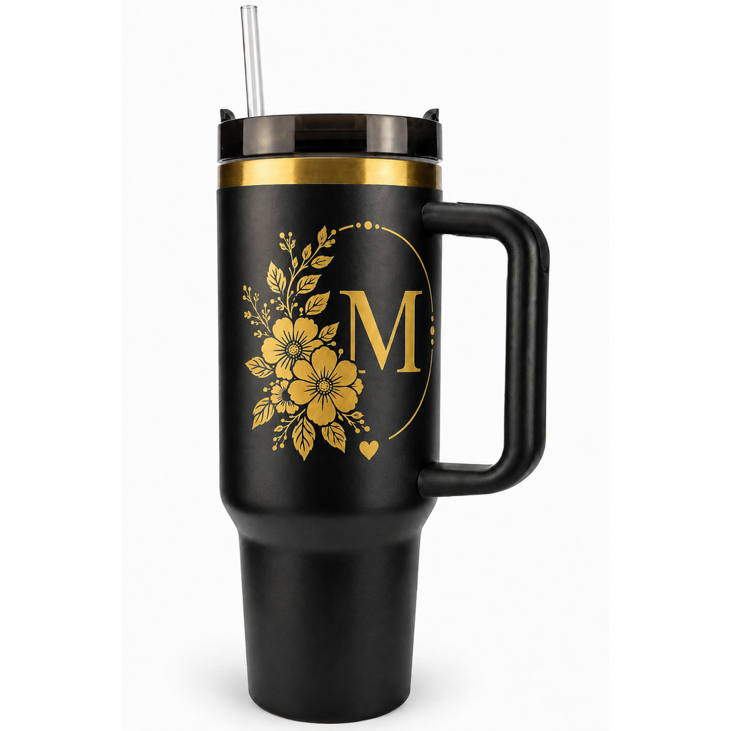 Engraved Personalized Black 40 oz Floral Botanical Monogram Tumbler, Gold Accent, Handle & Straw (Floral Botanical A-Z))