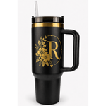 Engraved Personalized Black 40 oz Floral Botanical Monogram Tumbler, Gold Accent, Handle & Straw (Floral Botanical A-Z))