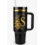Engraved Personalized Black 40 oz Floral Botanical Monogram Tumbler, Gold Accent, Handle & Straw (Floral Botanical A-Z))