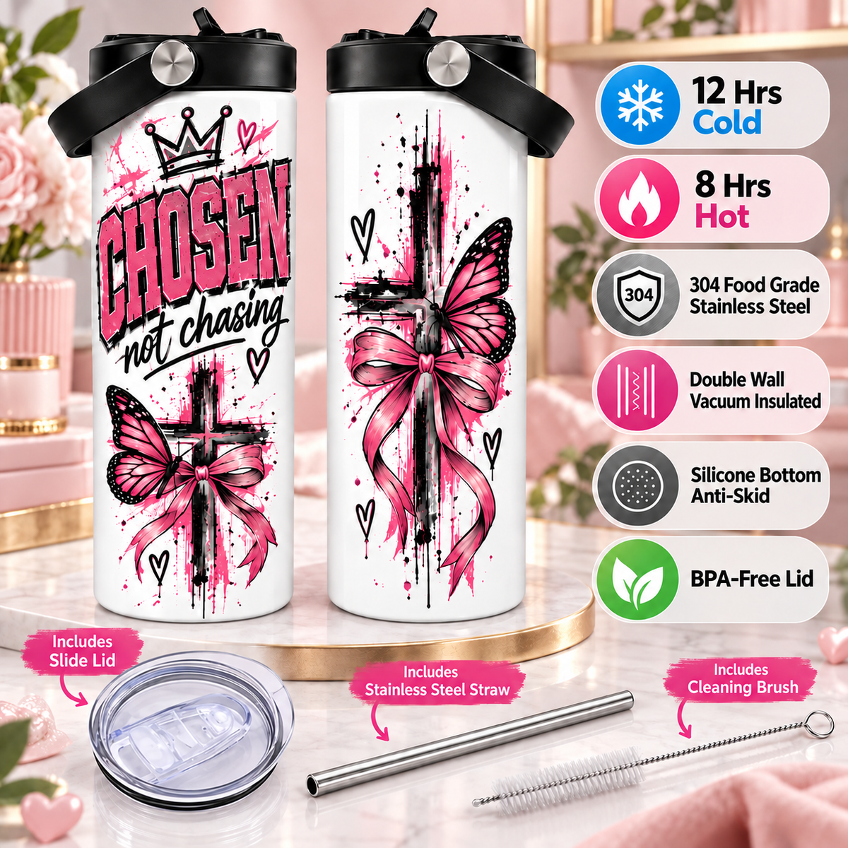 CHOSEN Not Chasing 20oz Christian Tumbler – Pink Butterfly Faith-Inspired Insulated Cup with Handle