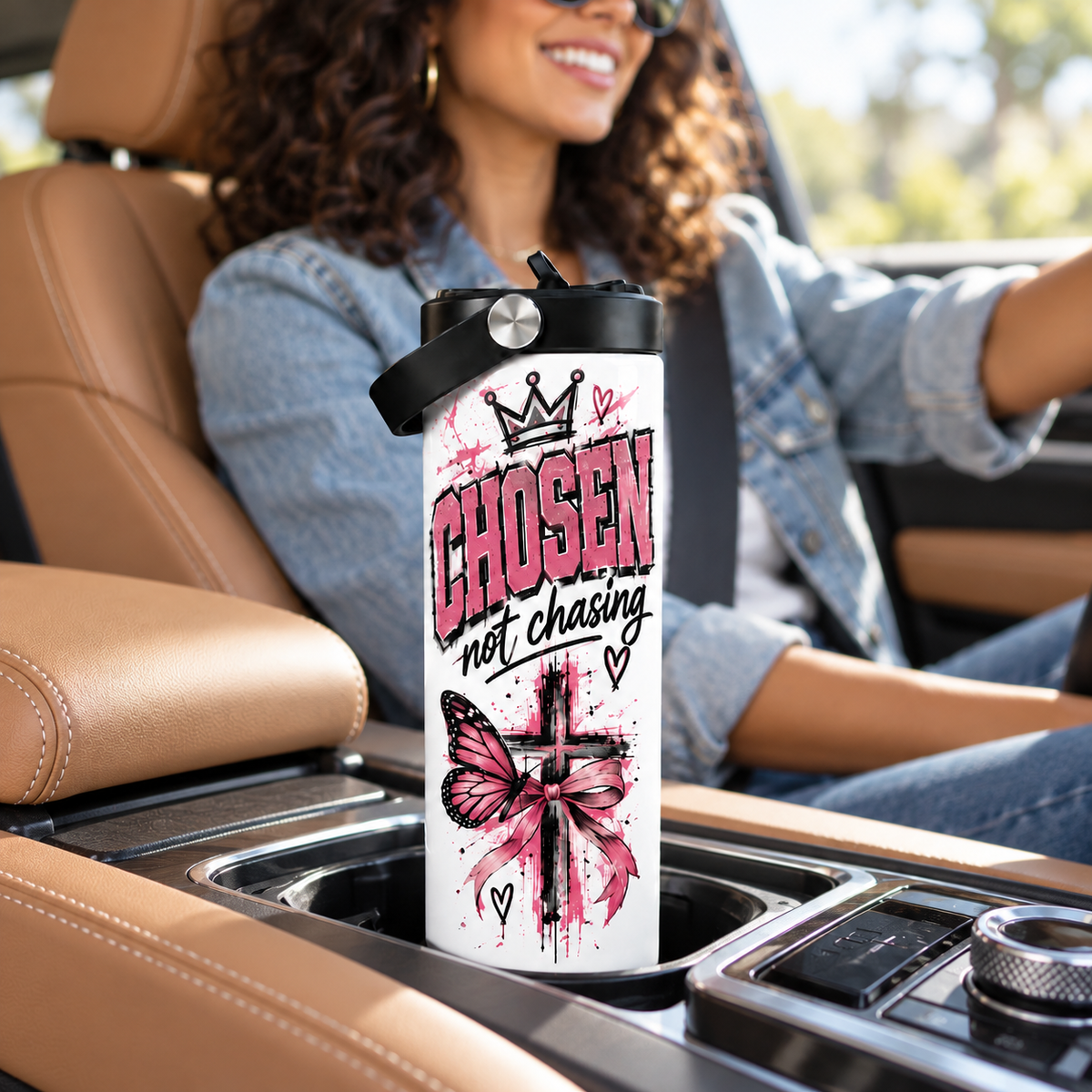 CHOSEN Not Chasing 20oz Christian Tumbler – Pink Butterfly Faith-Inspired Insulated Cup with Handle