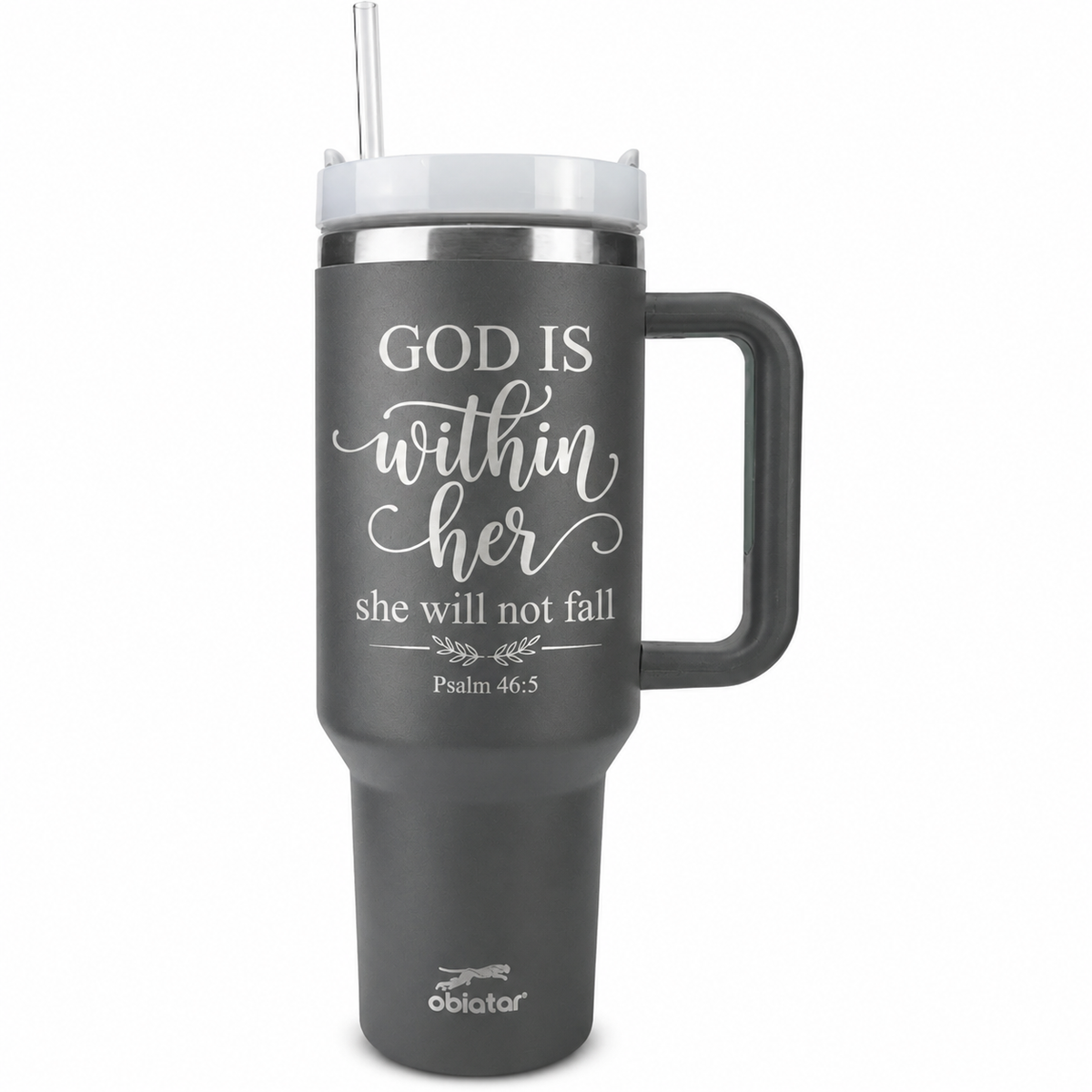40 oz Christian Tumbler with Handle & Straw – Psalm 46:5 “God Is Within Her” Insulated Stainless Steel Travel Cup