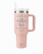 40 oz Christian Tumbler with Handle & Straw – Psalm 46:5 “God Is Within Her” Insulated Stainless Steel Travel Cup