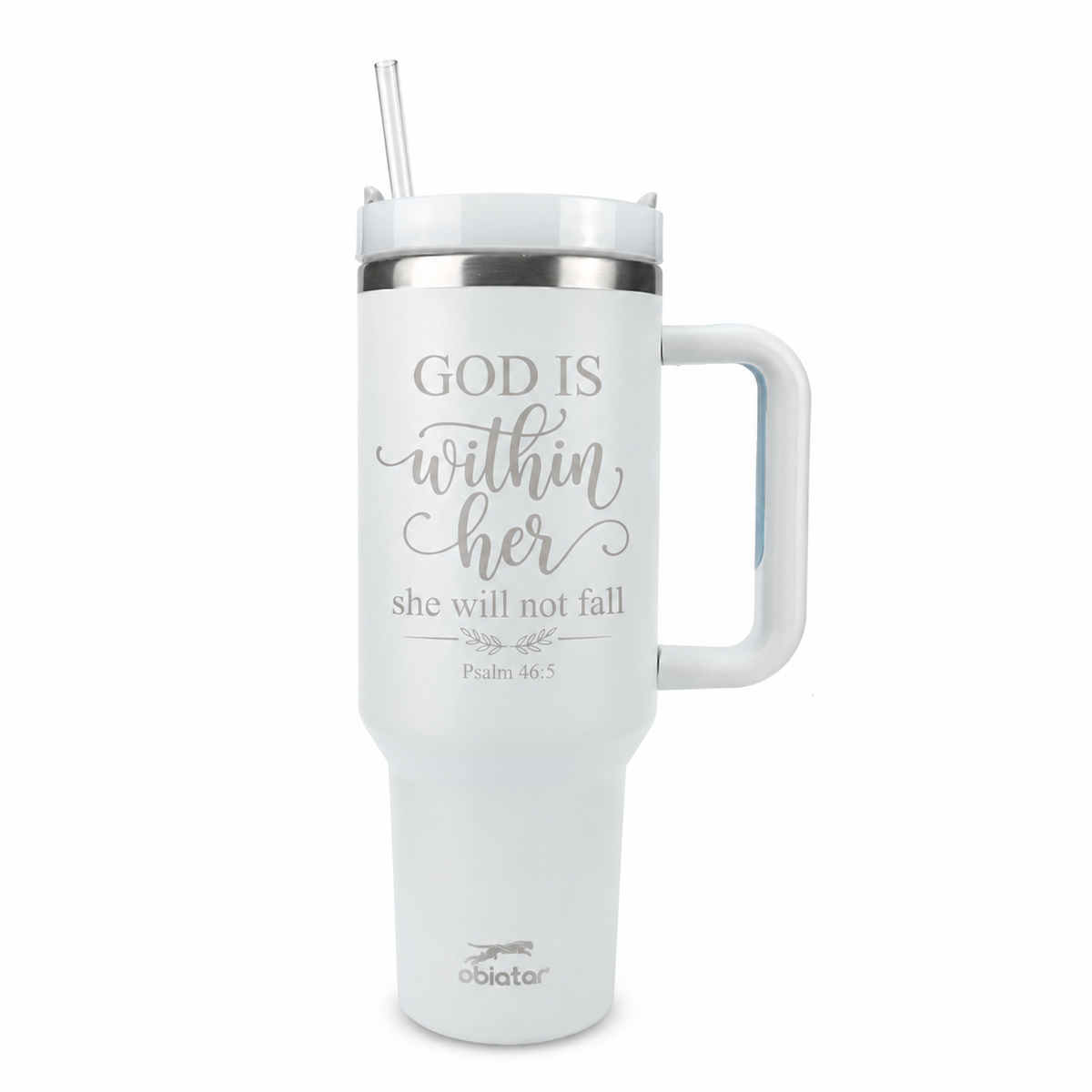 40 oz Christian Tumbler with Handle & Straw – Psalm 46:5 “God Is Within Her” Insulated Stainless Steel Travel Cup