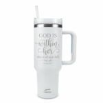 40 oz Christian Tumbler with Handle & Straw – Psalm 46:5 “God Is Within Her” Insulated Stainless Steel Travel Cup