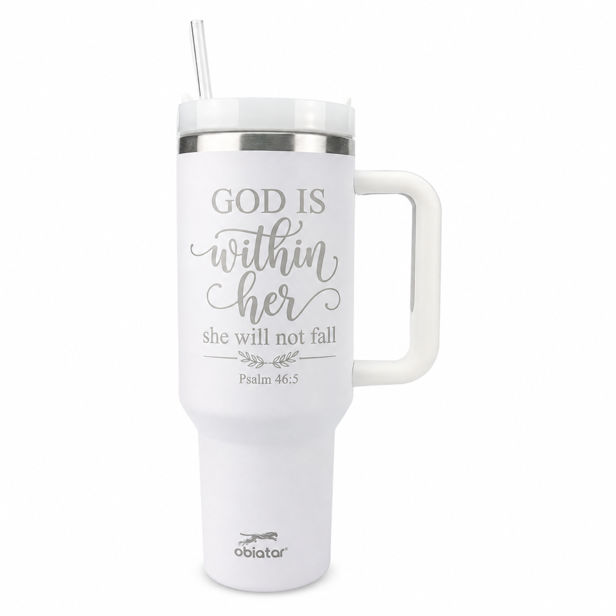40 oz Christian Tumbler with Handle & Straw – Psalm 46:5 “God Is Within Her” Insulated Stainless Steel Travel Cup