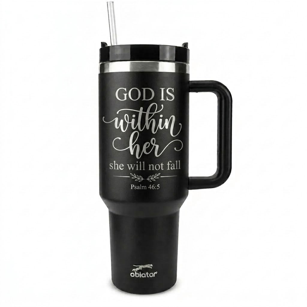 40 oz Christian Tumbler with Handle & Straw – Psalm 46:5 “God Is Within Her” Insulated Stainless Steel Travel Cup