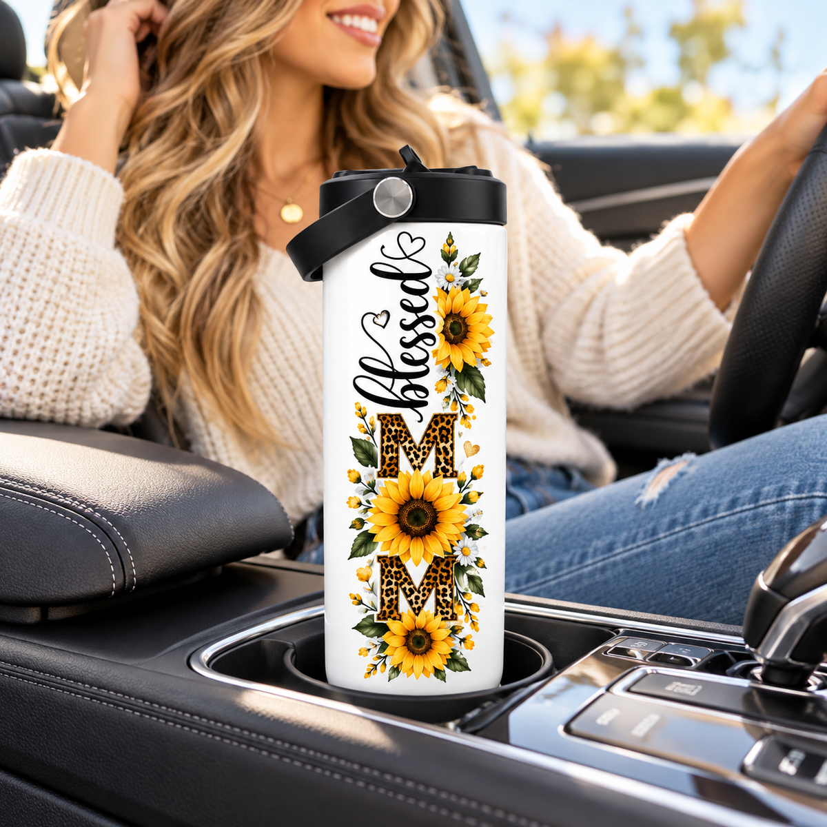 20oz Blessed Mom Sunflower Tumbler with Handle – Insulated Stainless Steel Gift for Mom