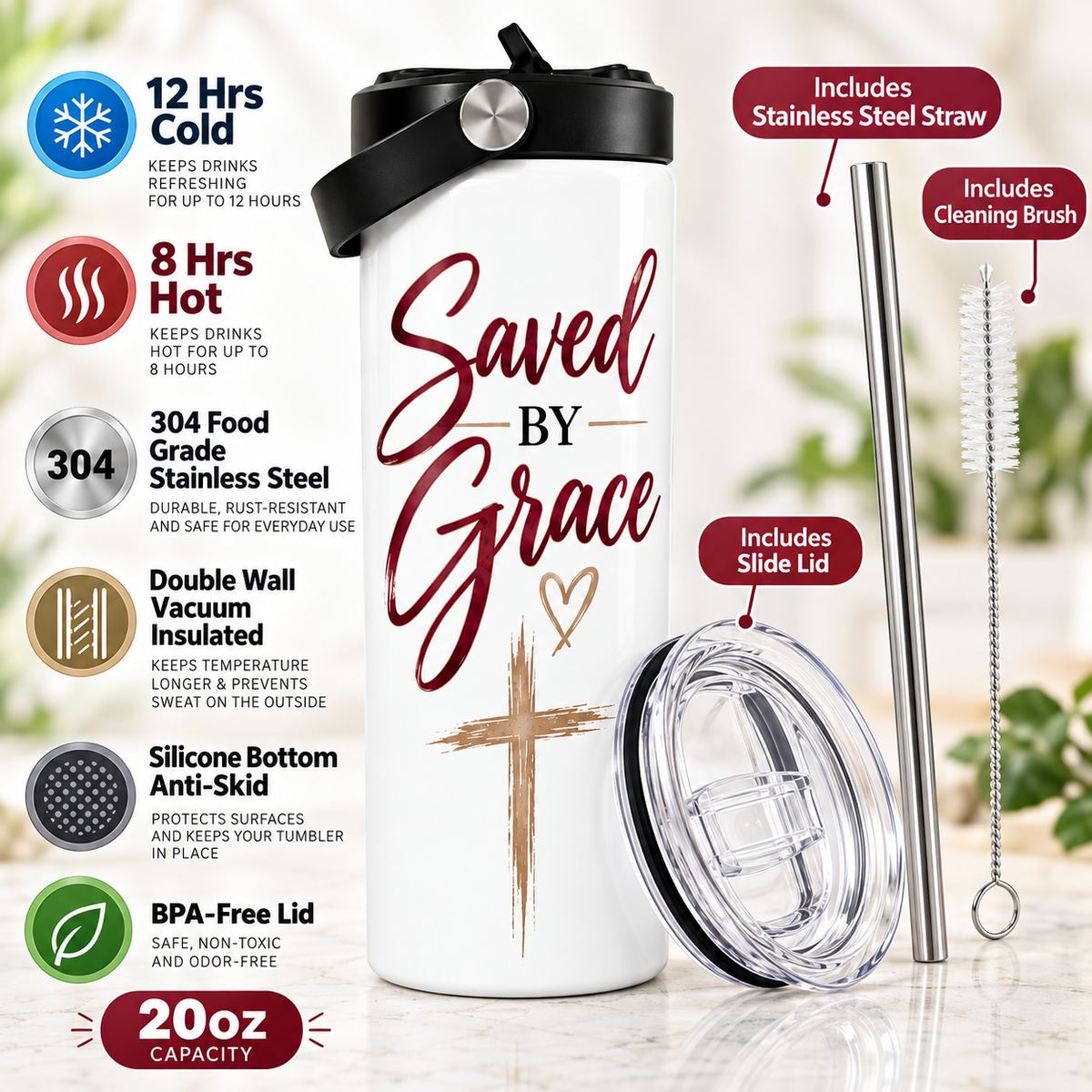 Saved by Grace 20oz Christian Tumbler – Insulated Stainless Steel Travel Cup with Handle, Faith Gift for Women