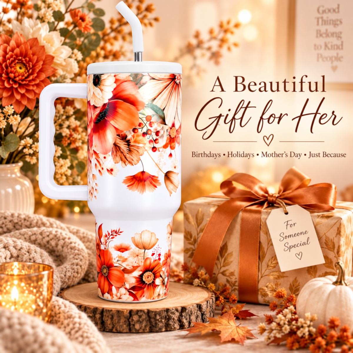 Autumn Floral 40oz Stainless Steel Tumbler – Leak Resistant Lid Travel Cup