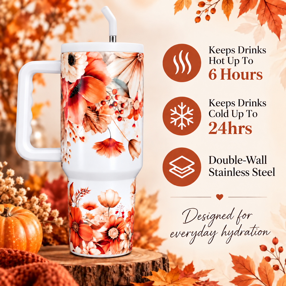 Autumn Floral 40oz Stainless Steel Tumbler – Leak Resistant Lid Travel Cup