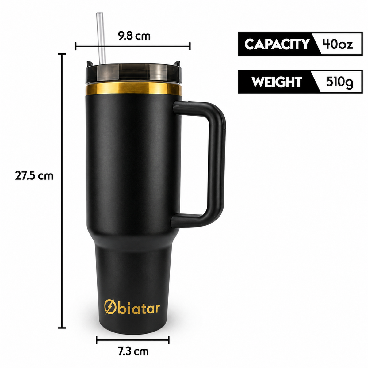 Obiatar 40oz Stainless Steel Travel Tumbler With Gold Accent| Double-Wall Vacumm Insulated Tumbler With Straw, Lid & Handle Black