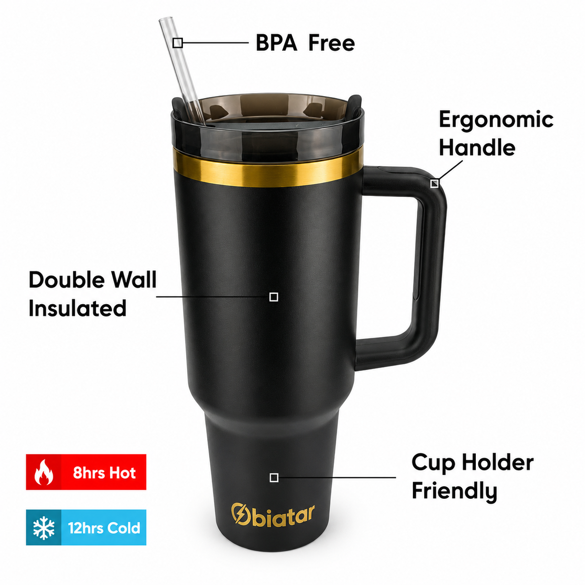 Obiatar 40oz Stainless Steel Travel Tumbler With Gold Accent| Double-Wall Vacumm Insulated Tumbler With Straw, Lid & Handle Black
