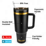 Obiatar 40oz Stainless Steel Travel Tumbler With Gold Accent| Double-Wall Vacumm Insulated Tumbler With Straw, Lid & Handle Black