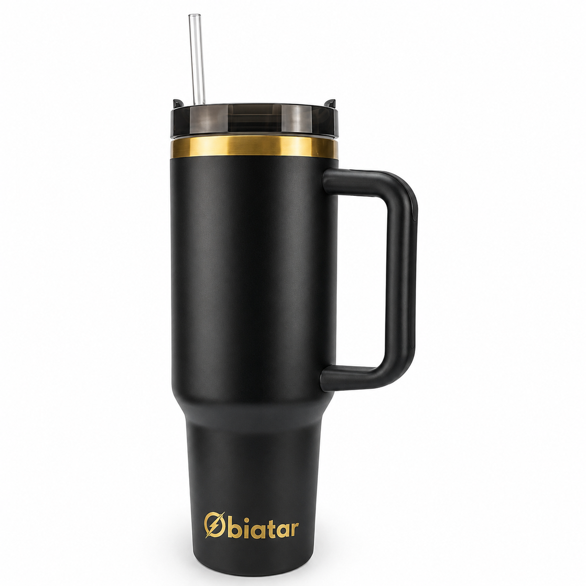 Obiatar 40oz Stainless Steel Travel Tumbler With Gold Accent| Double-Wall Vacumm Insulated Tumbler With Straw, Lid & Handle Black