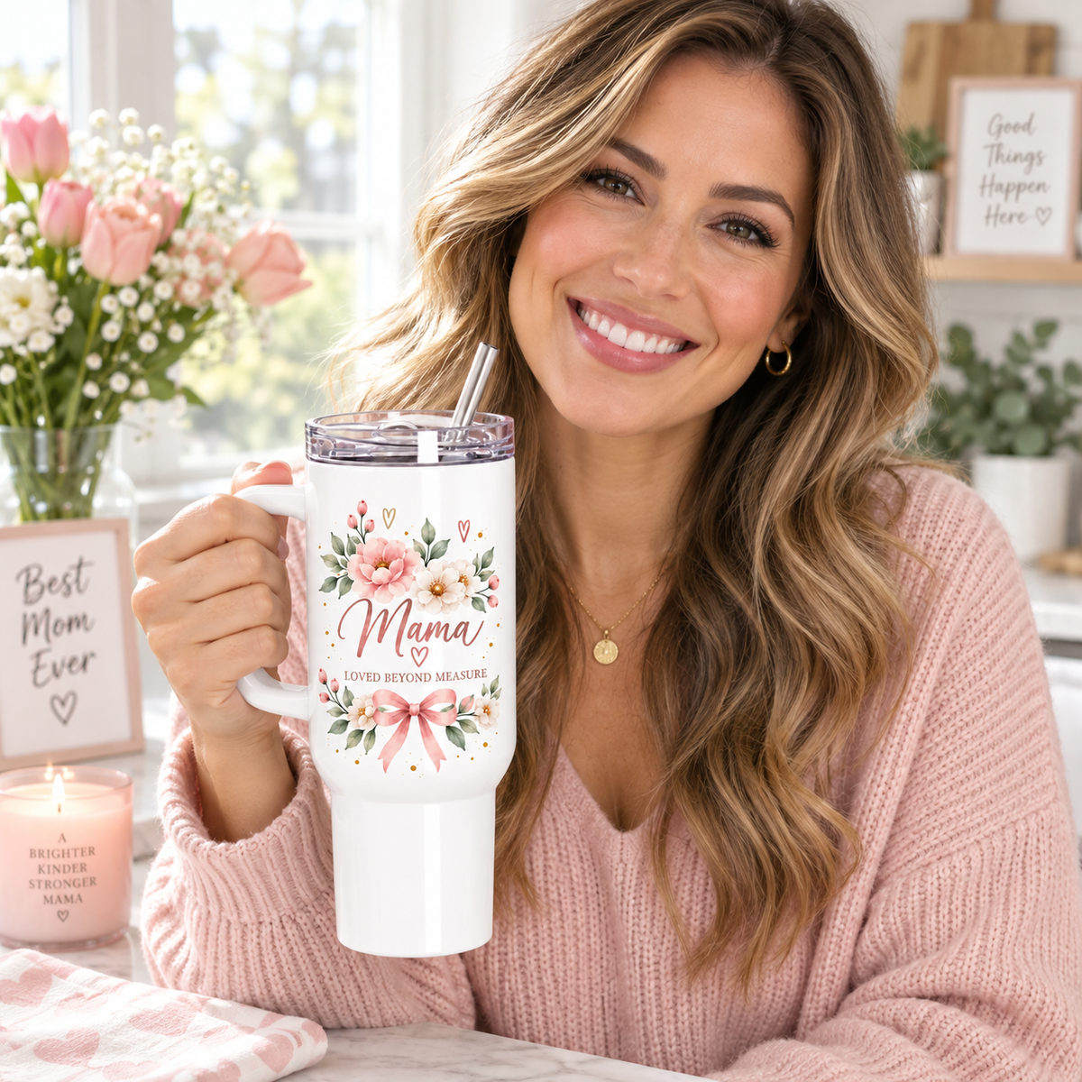 Mama Loved Beyond Measure 40oz Tumbler – Floral Mom Gift with Handle & Straw