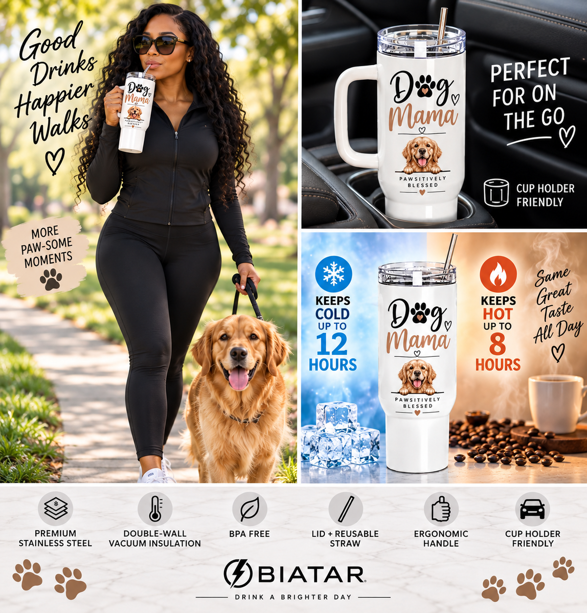 Personalized Dog Mama 40oz Tumbler – Dog Lover Gift Cup with Handle & Straw