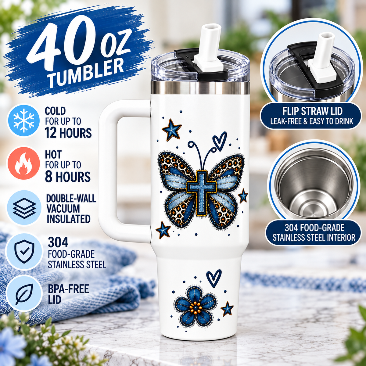 Christian Butterfly Tumbler 40 oz – Blessed Denim Cross Cup with Handle & Flip Straw Lid | Faith-Inspired Gift for Women