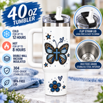 Christian Butterfly Tumbler 40 oz – Blessed Denim Cross Cup with Handle & Flip Straw Lid | Faith-Inspired Gift for Women