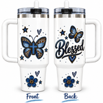 Christian Butterfly Tumbler 40 oz – Blessed Denim Cross Cup with Handle & Flip Straw Lid | Faith-Inspired Gift for Women