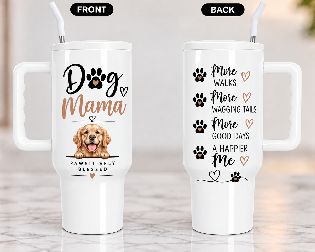 Personalized Dog Mama 40oz Tumbler – Dog Lover Gift Cup with Handle & Straw