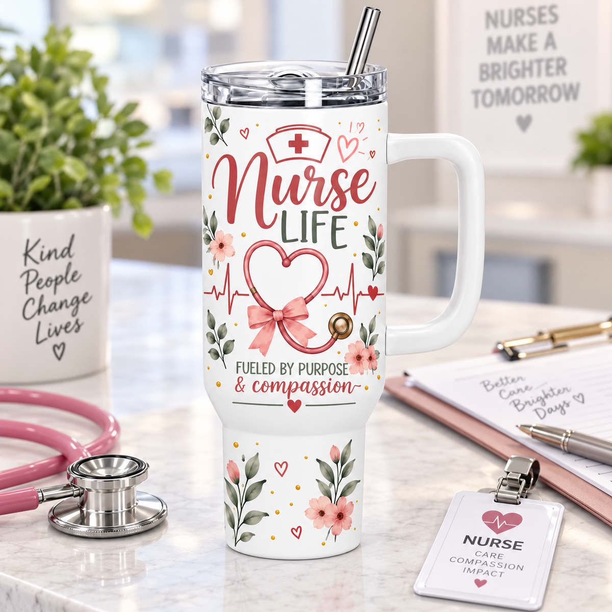Nurse Life 40oz Tumbler – Insulated Nurse Gift Cup with Handle & Straw