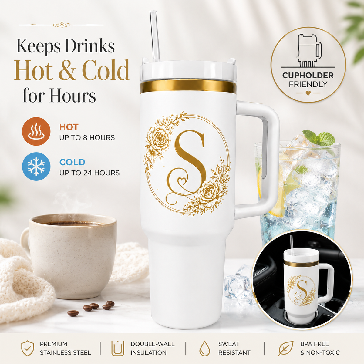Engraved Personalized White 40 oz Floral Monogram Tumbler, Gold Accent, Handle & Straw (Floral Initial A-Z))