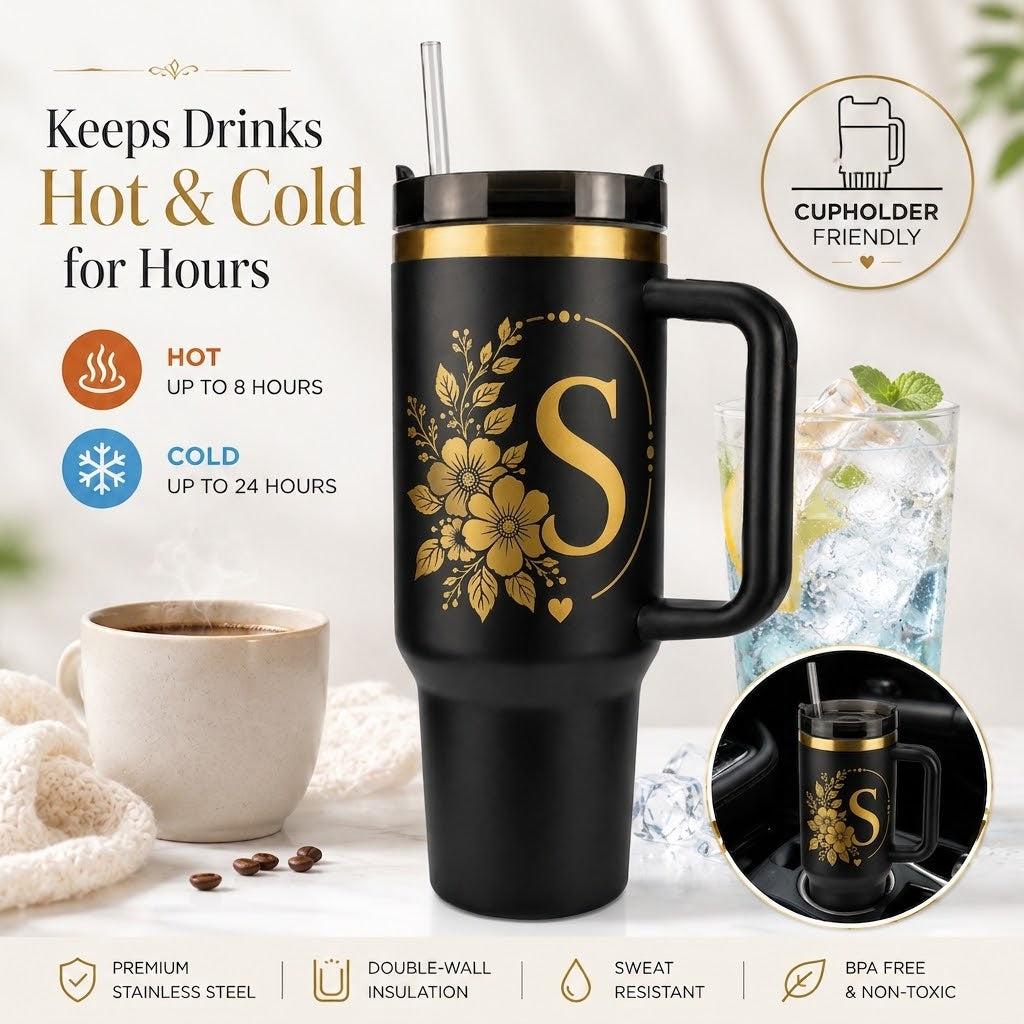 Engraved Personalized Black 40 oz Floral Botanical Monogram Tumbler, Gold Accent, Handle & Straw (Floral Botanical A-Z))