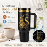 Engraved Personalized Black 40 oz Floral Botanical Monogram Tumbler, Gold Accent, Handle & Straw (Floral Botanical A-Z))
